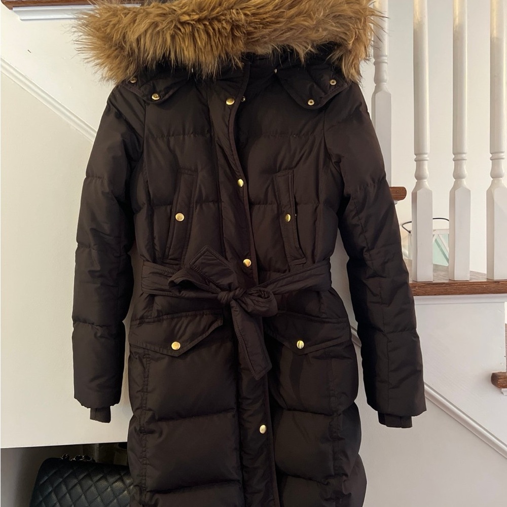 Coat j crew coat jacket fur hood parka black small